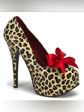 Bordello Teeze-12 Leopard Bow Platform Heels Pin Up Pumps Size 8 NIB
